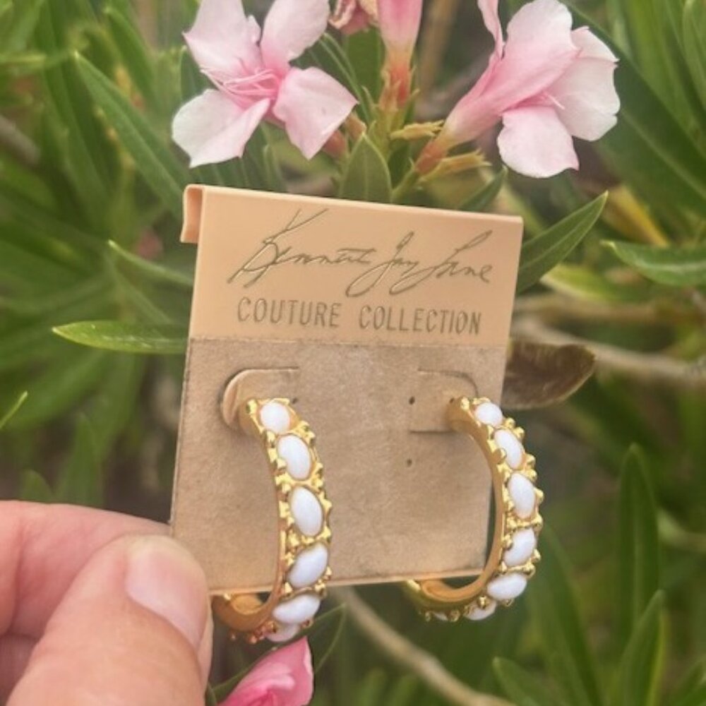 KJL Kenneth Jay Lane Couture Collection Gold Hoop White Stone EARRINGS